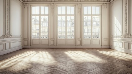 Fototapeta premium Sunlit Elegant Room with Classic Architectural Details and Hardwood Floors, Illuminating Parisian Design Aesthetic