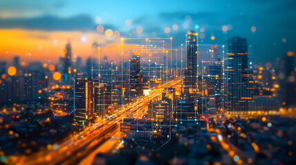 Fototapeta premium Cityscape with augmented reality overlays in vibrant neon lit urban landscape. Augmented Reality Worlds. Illustration