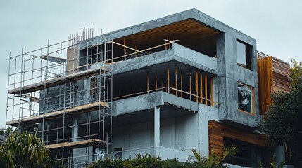Modern house under construction with scaffolding, concrete, wood, and large windows.