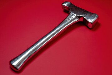 Polished metal hammer with handle lying on red surface