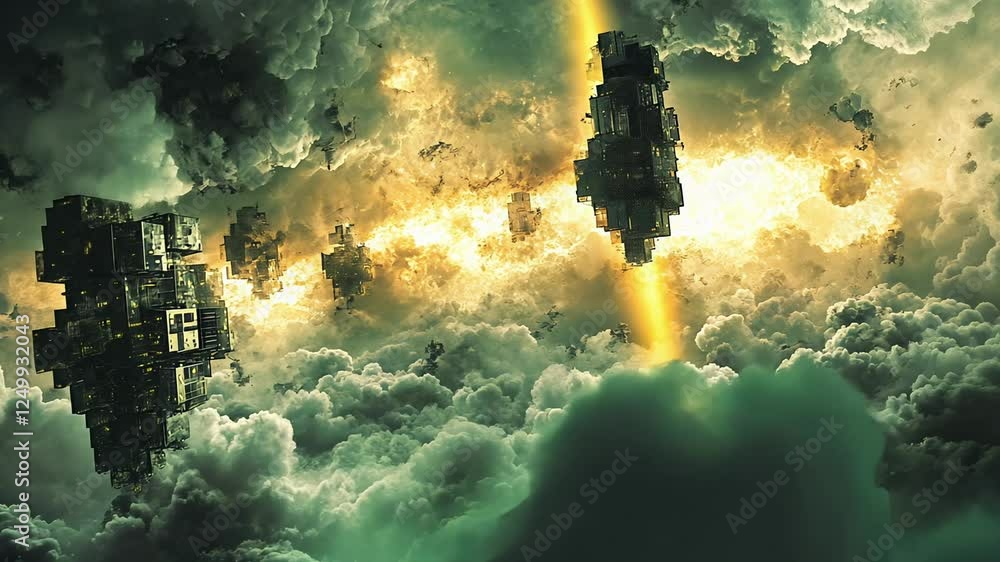 Poster exploring a breathtaking cosmic landscape with floating structures amidst vibrant clouds and glowing
