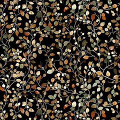 Floral Vines and Leaves Seamless Pattern with Earthy Tones on Black Background