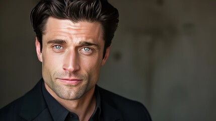 Obraz premium A confident headshot of a man in his 30s with a neatly combed hairstyle, wearing a black suit jacket, exuding professionalism and poise.