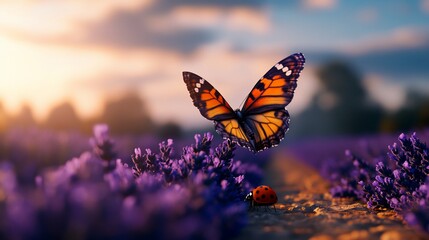 Obraz premium Butterfly taking flight, sunset lavender field, ladybug, nature