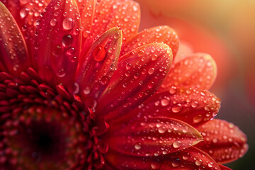 Close-Up of Bright Red Flower with Water Droplets Under Sunlight, Highlighting Petal Texture and Natural Beauty