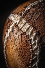 Close-up of a weathered, brown leather ball with visible stitching and cracks.