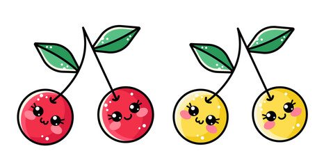 Set of cute little vector cherry in kawaii style isolated on white background with icon happy fun smile for kids