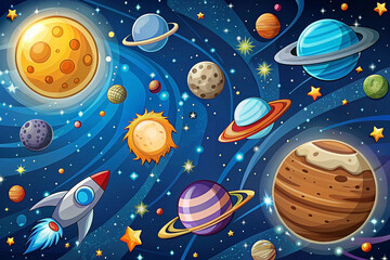Cartoon solar system with planets and rocket in space, kids education