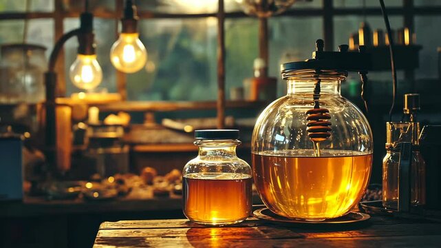 Beekeeper extracting honey from frames using professional equipment, golden liquid flowing into jars, rustic beekeeping setup with warm lighting