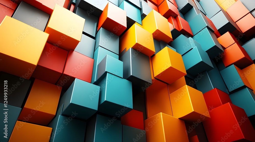 Poster isometric cubes arranged in a playful stack bright colorful shapes geometry abstract design creative