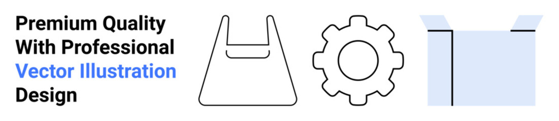 Minimalistic bag, gear, and open cardboard box displayed in black and blue linework. Ideal for e-commerce, logistics, branding, manufacturing concepts, supply chain, packaging retail flat landing