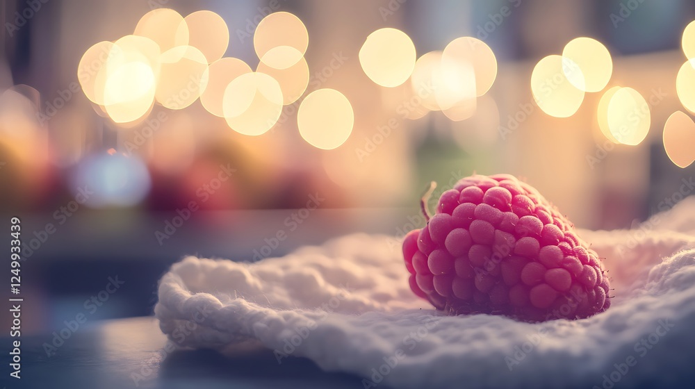 Poster a single raspberry resting on a soft white cloth with blurred bokeh lights in the background, evokin