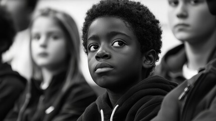 Obraz premium A pensive Black boy intently listening during a group discussion, surrounded by kids in a monochrome setting.