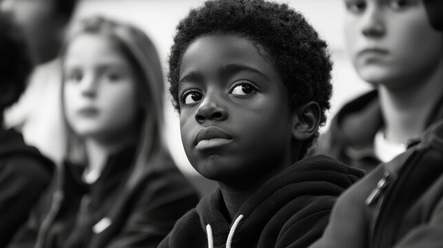A pensive Black boy intently listening during a group discussion, surrounded by kids in a monochrome setting.