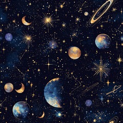 Seamless Pattern Watercolor Ethereal Watercolor Petals, Celestial wonders cosmic patterns outer space digital art night sky aesthetic universe exploration
