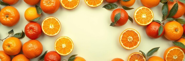 Overhead view of vibrant ripe oranges arranged on a colorful background with empty space for text, colorful, ripe, background