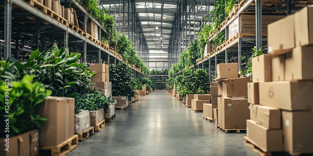 Poster warehouse inventory: plants and boxes stacked on pallets efficiently stored inside a large warehouse