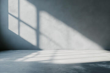 Sunlight streaming through a window casts abstract shadows on a textured wall surface