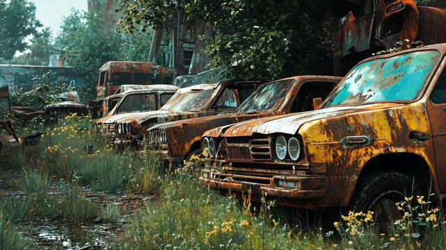 rusted vehicles lined up in a junkyard, overgrown with weeds, perfect for illustrating urban decay