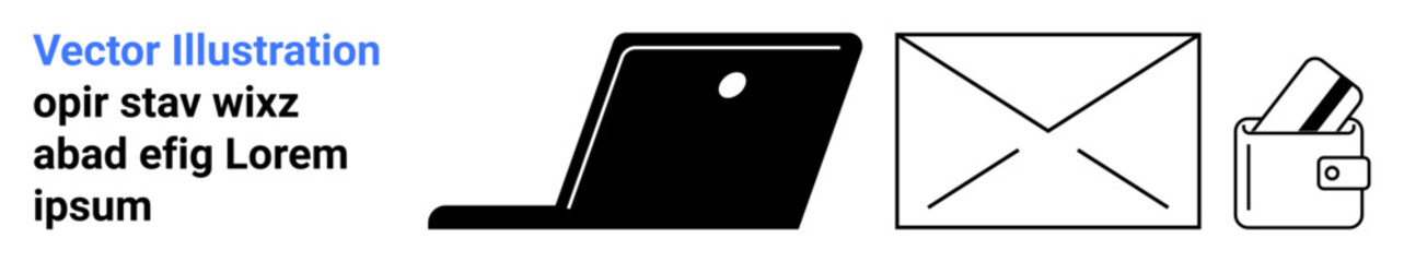 Laptop open, mail envelope, wallet with cards. Ideal for office presentations, digital communication, business solutions, remote work setups, financial tools, mail services modern workspaces