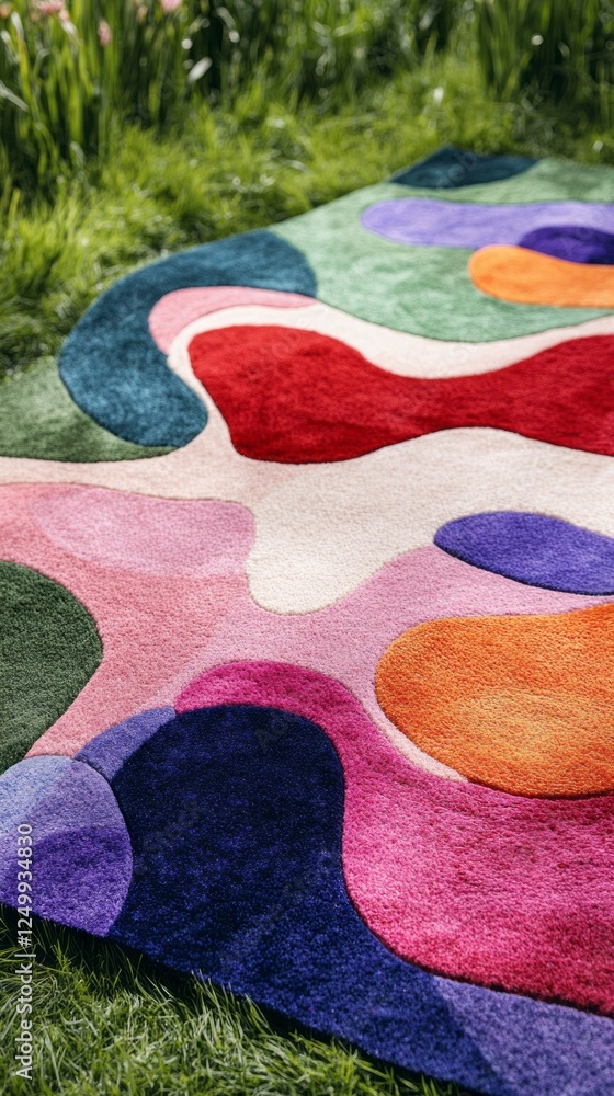 Poster This composition showcases a stunning abstract wool rug featuring an array of colorful patterns, resting gracefully on lush green grass