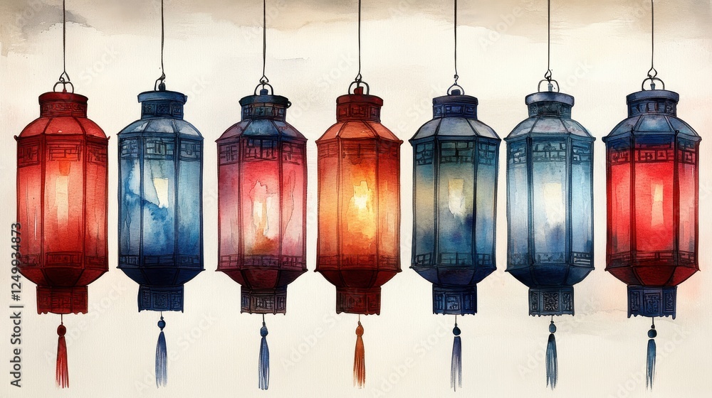 Poster a row of decorative lanterns in various colors, creating a warm ambiance.