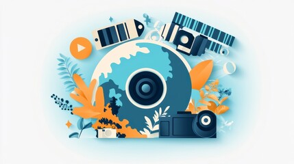 Obraz premium Vector camera illustration combines abstract design with grunge elements