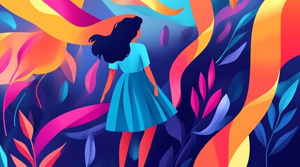 Woman Walking Through Vibrant Colorful Floral Landscape