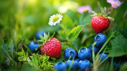 Strawberries and blueberries nestled in vibrant green grass