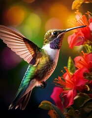 Fototapeta premium Hummingbird & Floral Nectar – Bright, dynamic motion of a bird mid-flight