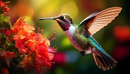 Fototapeta premium Hummingbird & Floral Nectar – Bright, dynamic motion of a bird mid-flight