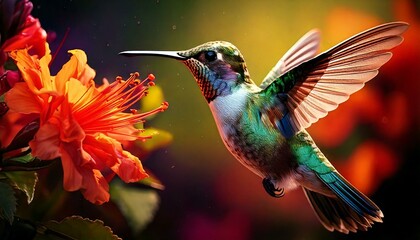 Fototapeta premium Hummingbird & Floral Nectar – Bright, dynamic motion of a bird mid-flight