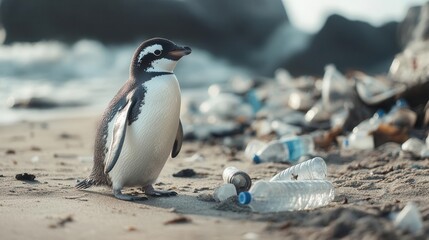 Fototapeta premium Lonely Penguin Standing Amidst Plastic Waste on a Beach Highlighting Ocean Pollution Crisis