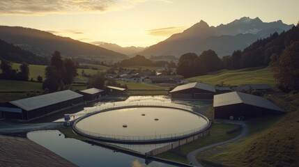 Serene sunset over a tranquil water treatment facility surrounded by lush mountains and village