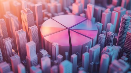 Isometric chart design creative 3d pie chart surrounded by a vibrant city skyline with modern architecture and greenery