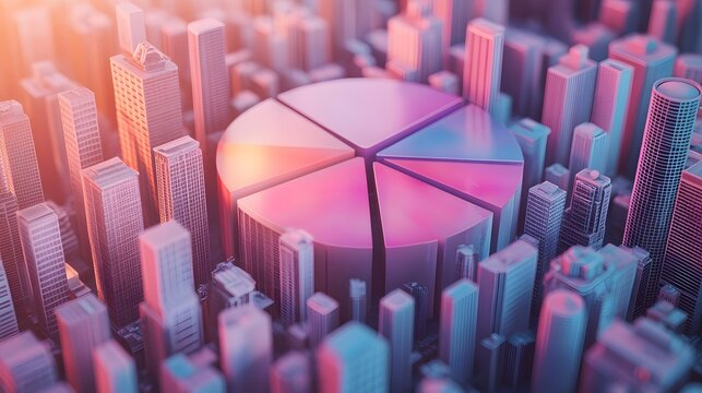 Isometric chart design creative 3d pie chart surrounded by a vibrant city skyline with modern architecture and greenery