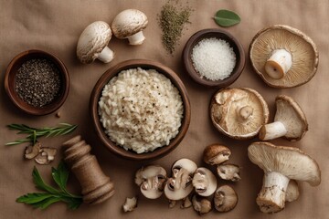 Fototapeta premium Mushroom risotto ingredients are displayed on a light brown surface