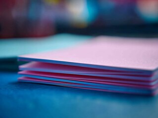 Pink paper stack desk office blur background
