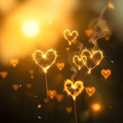 Heart-shaped sparklers burning brightly, creating a trail of light and smoke against a warm, glowing background with bokeh effects