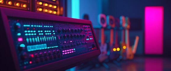 Synth in Studio, Neon Lights, Music Gear
