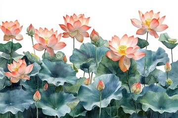A vibrant illustration of blooming lotus flowers amidst lush green leaves.