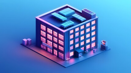 Fototapeta premium Isometric building design illustrates a modern structure with neon blue background and architectural details