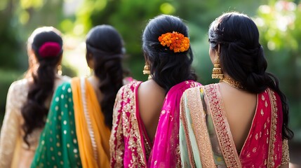 Fototapeta premium Elegant Indian Bridesmaids in Vibrant Sarees