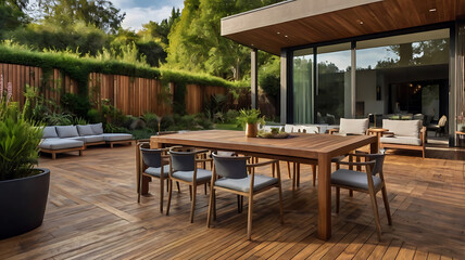 Fototapeta premium Fantustick Modern Minimalist Home with Stylish Wooden Deck and Lush Backyard