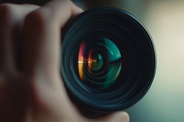 A close-up of a camera lens held in hand, showcasing its intricate design and colorful reflections.