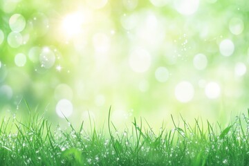 Obraz premium A serene blurred background of green grass with soft bokeh lights, evoking a fresh, tranquil atmosphere.