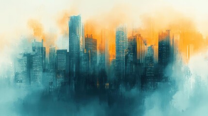Fototapeta premium Abstract Urban Cityscape Watercolor Painting in Orange and Teal Tones