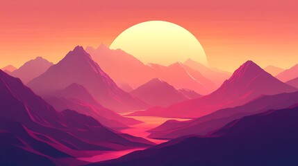 Fototapeta premium Vibrant Sunset Over Pink Mountain Ranges And Valley