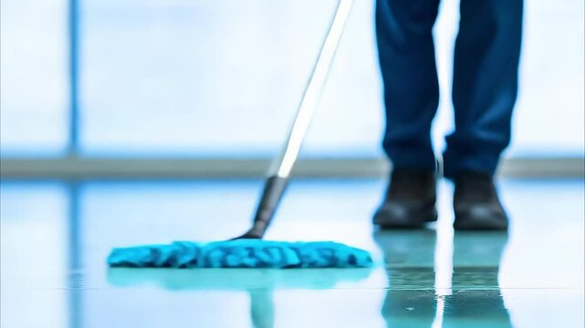 A person mopping a floor with a blue mop, wearing dark pants and shoes, in a brightly lit environment.
