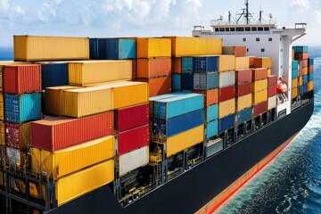 Cargo Ship with Colorful Shipping Containers Navigating the Open Ocean under Clear Sky